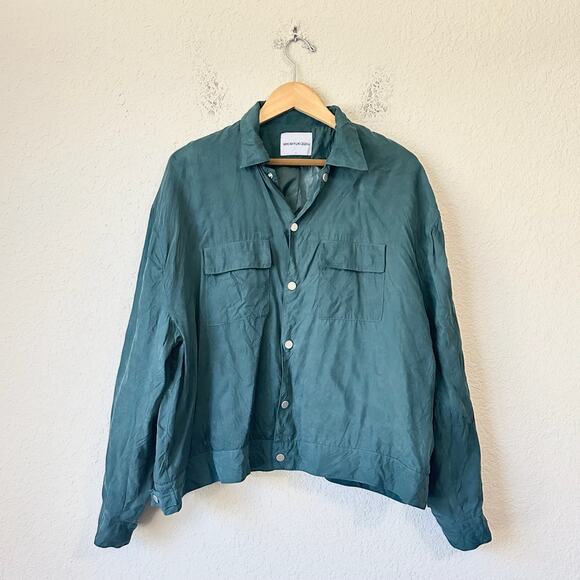 MKI MIYUKI ZOKU Overshirt Jacket Men L Teal Lined Snap Button Shacket Minimalist - Picture 1 of 10